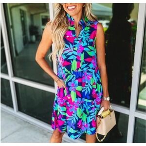Aryeh Laison Navy Multi Tropical Floral Print Tiered Ruffle V-Neck Dress summer